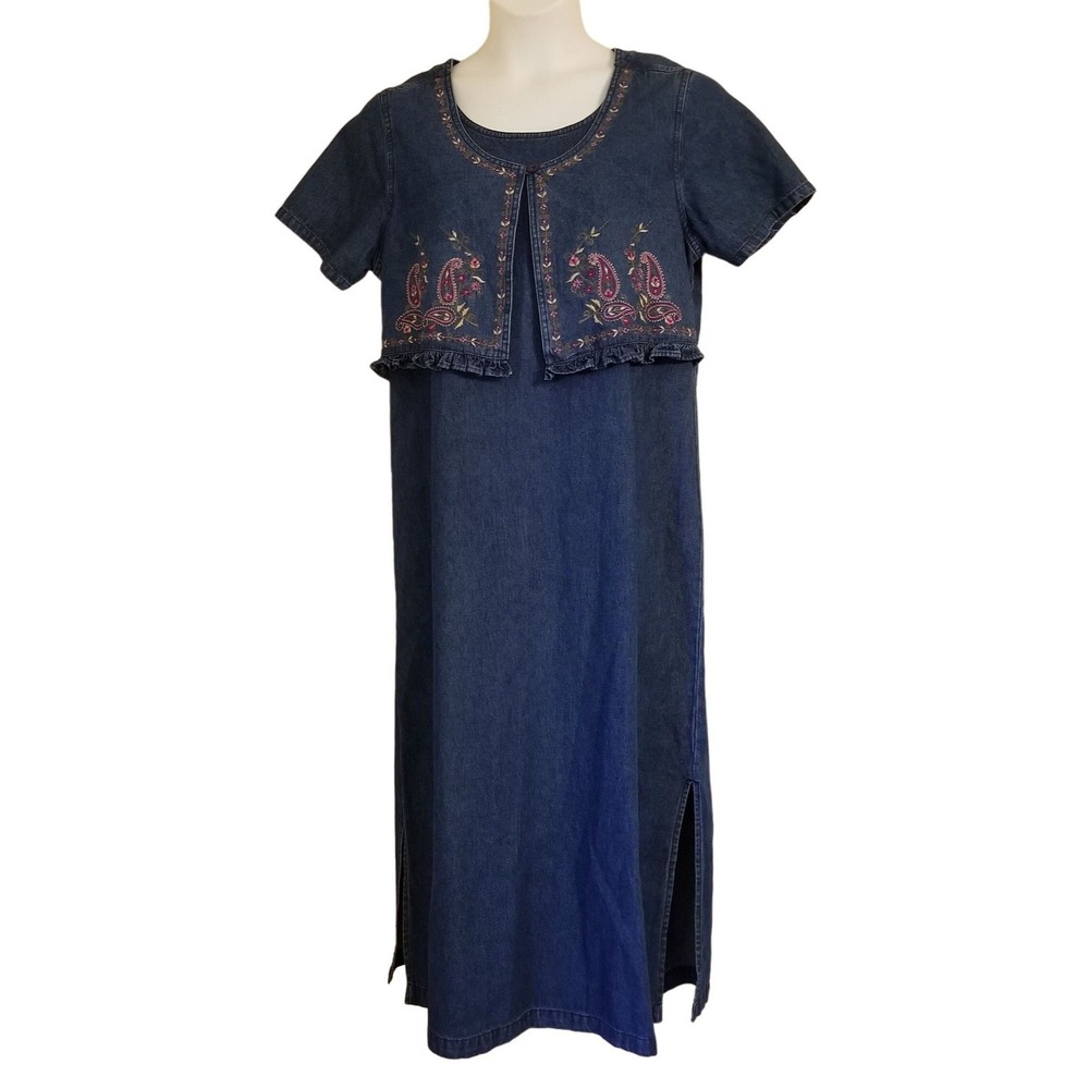 Erica Co L Blue Jean Denim Dress Floral Embroidered Modest Cottage 90s Western